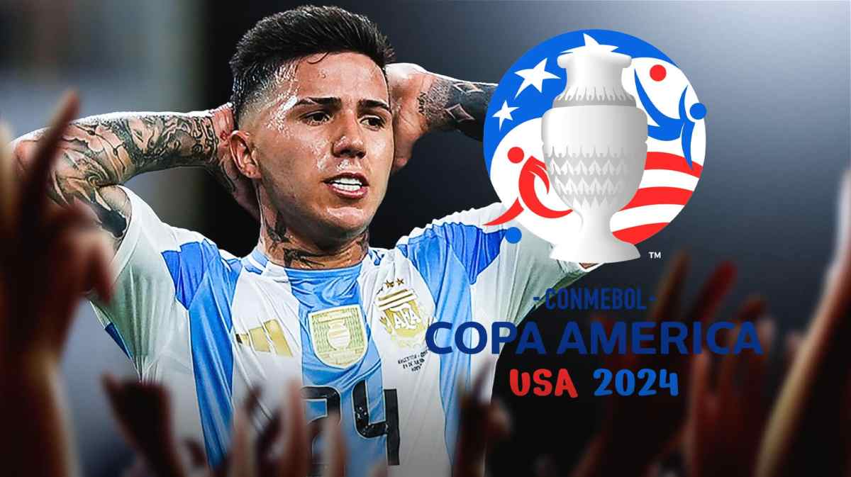 Enzo Fernandez sad in front of the Copa America logo