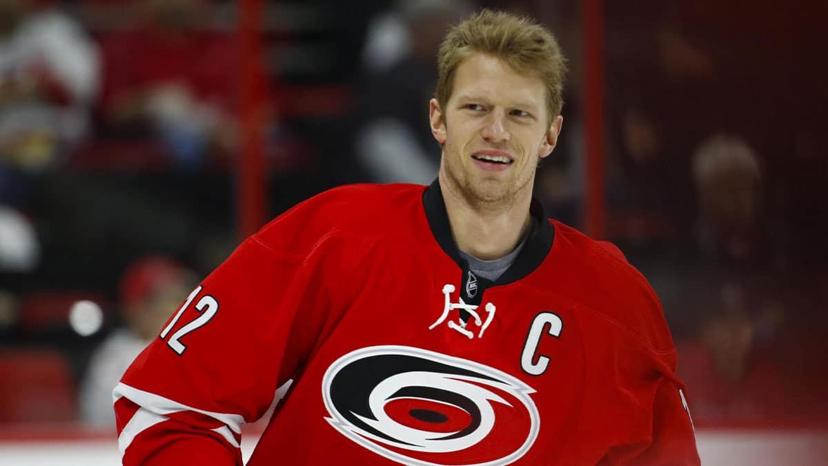 Carolina Hurricanes forward Eric Staal (12) smiles prior to the game against the Boston Bruins at PNC Arena. The Boston Bruins defeated the Carolina Hurricanes 4-1.