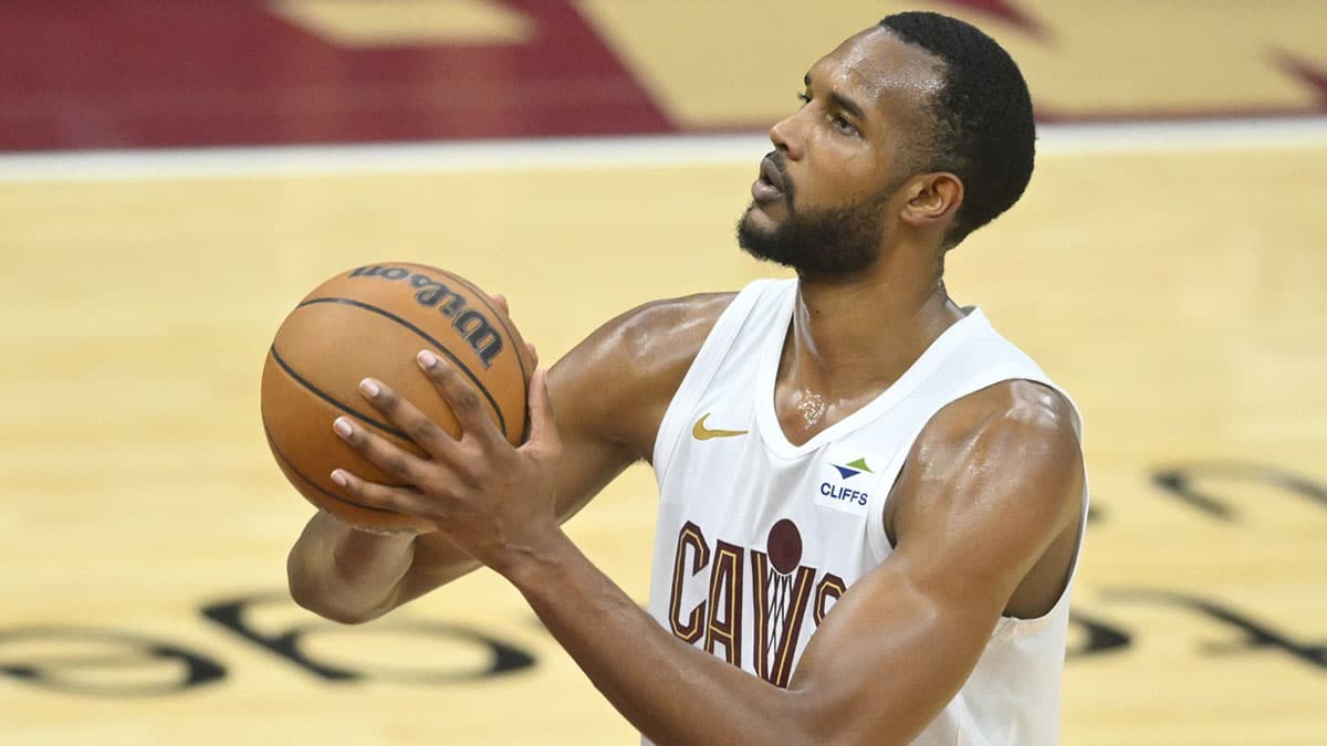 Cleveland Cavaliers forward Evan Mobley (4) attempts a free throw against the Boston Celtics in the third quarter of game four of the second round for the 2024 NBA playoffs 