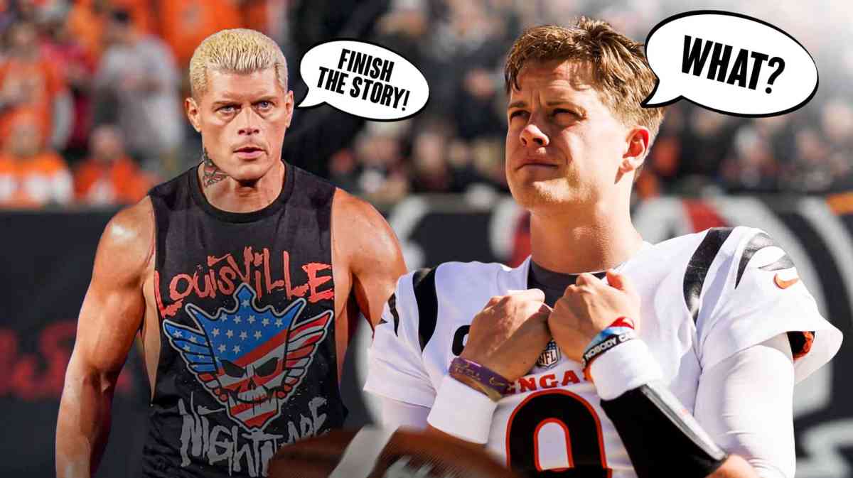 Cody Rhodes with a text bubble reading "FInish the Story!" next to blonde Joe Burrow with a text bubble reading "What?" in front of the Bengals stadium.