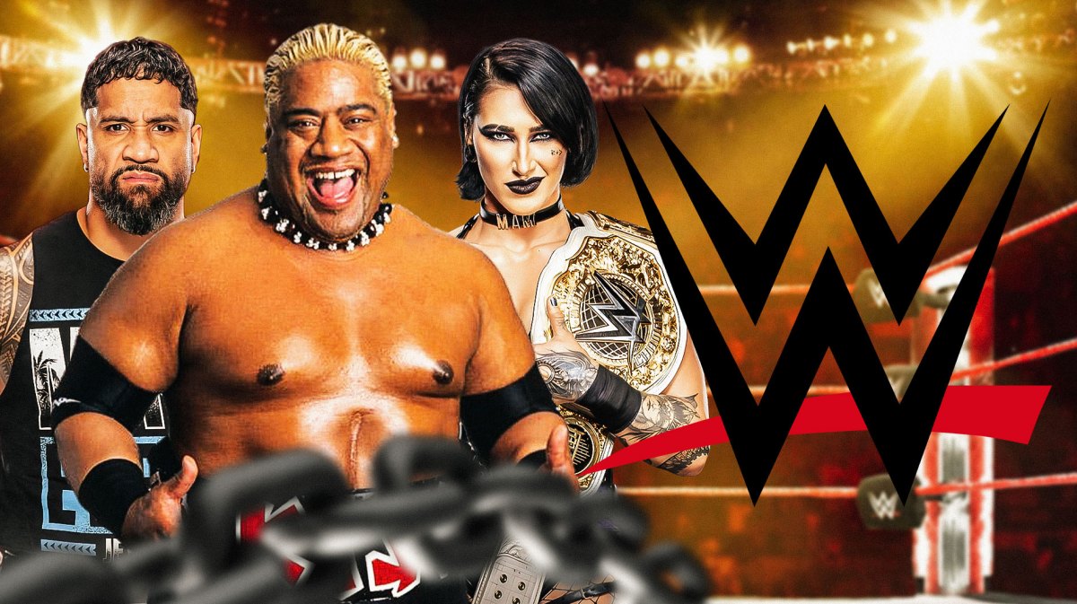 Rikishi in the middle, Jey Uso on the left and Rhea Ripley on the right with the WWE logo as the background.