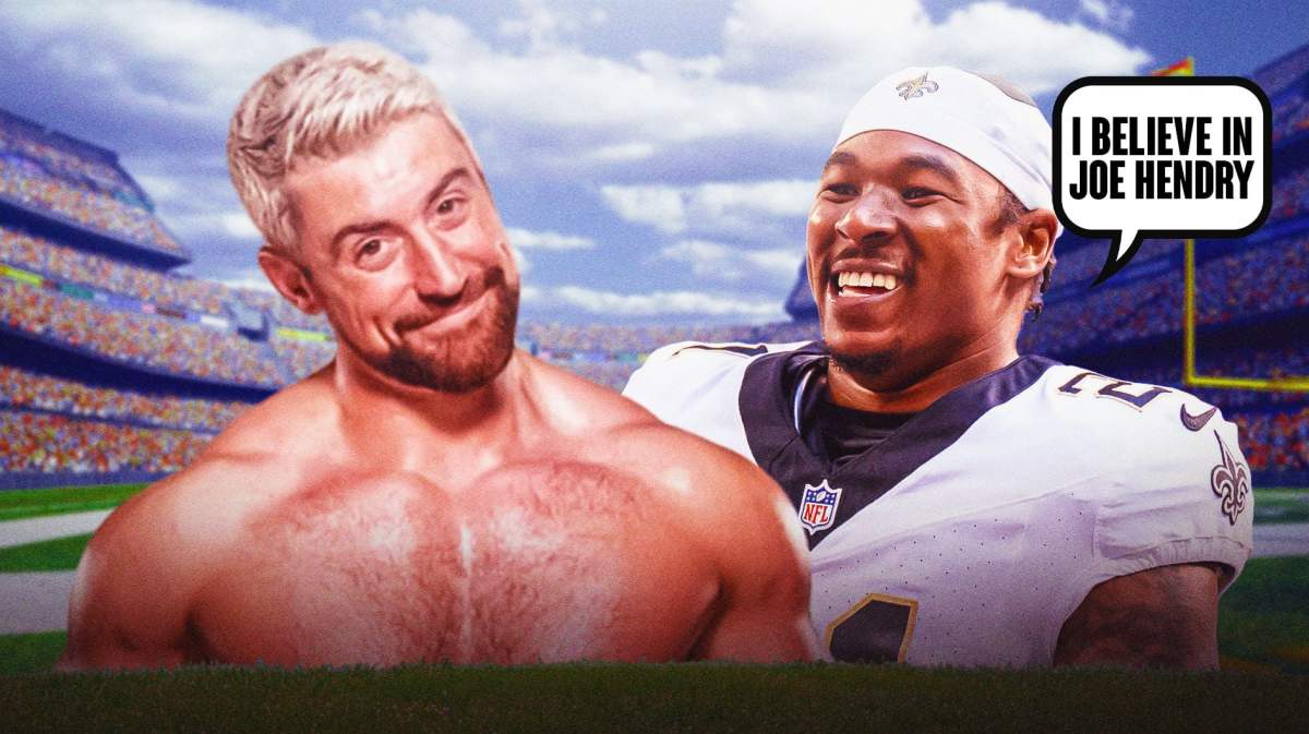 Jamaal Williams with a text bubble reading "I believe in Joe Hendry" next to Joe Hendry on a football field.