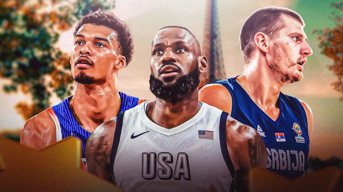 Victor Wembanyama playing for France, LeBron James playing for Team USA and Nikola Jokic playing for Serbia.
