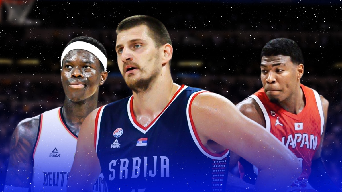 Dennis Schroder playing for Germany, Nikola Jokic playing for Serbia and Rui Hachimura playing for Japan.