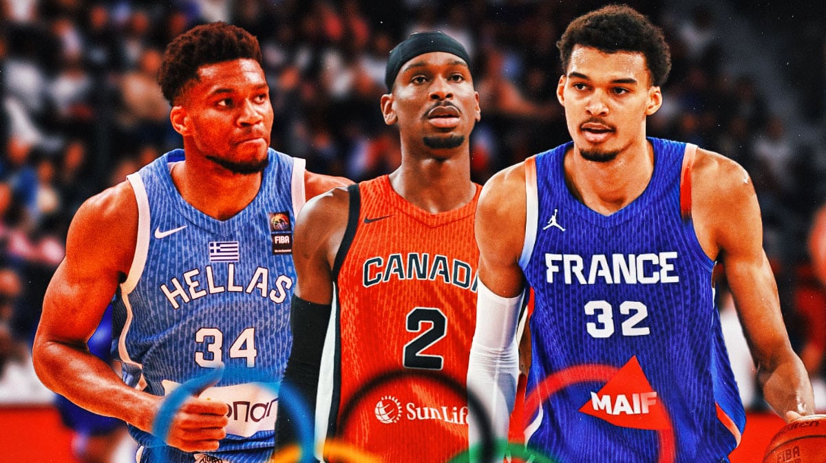 Giannis Antetokounmpo playing for Greece, Shai Gilgeous-Alexander playing for Canada and Victor Wembanyama playing for France.