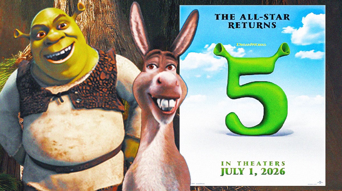 Shrek and Donkey from movies with swamp background and Shrek 5 announcement poster.