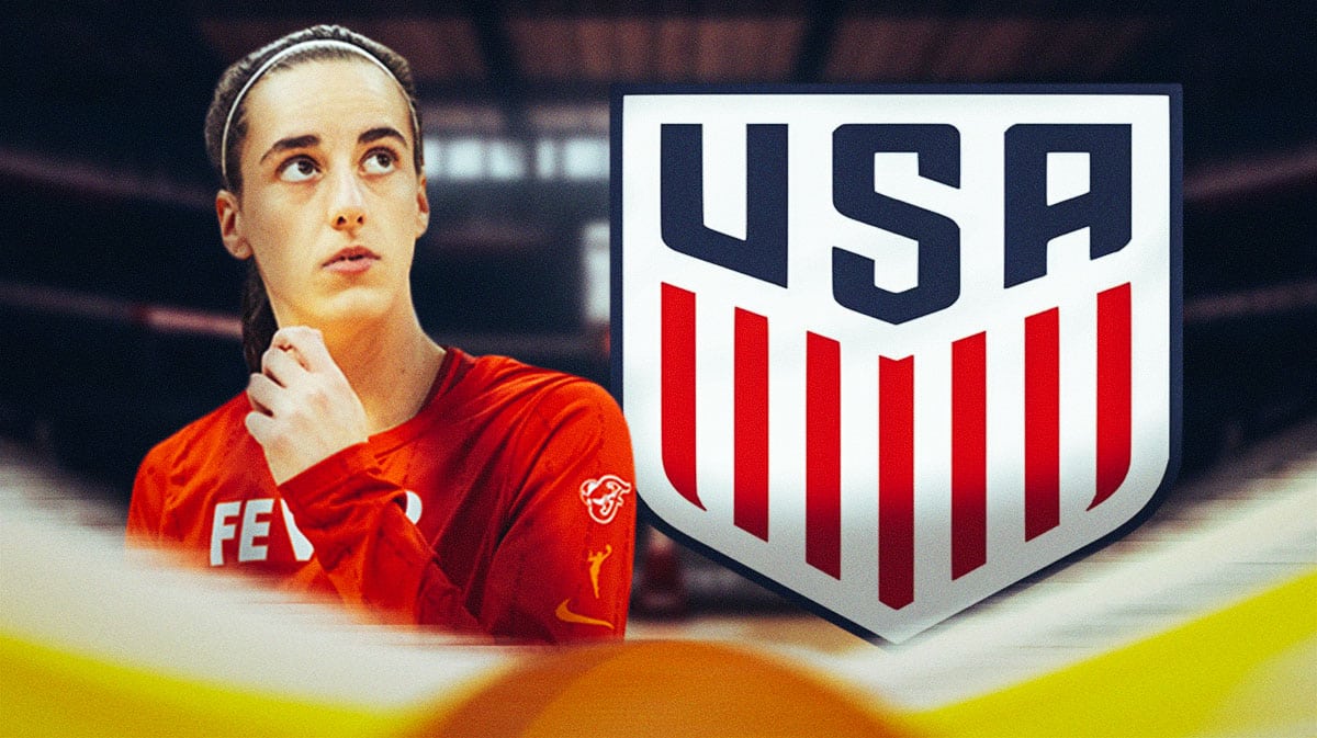 Fever guard Caitlin Clark looks at Team Japan fan next to Team USA logo in Olympics