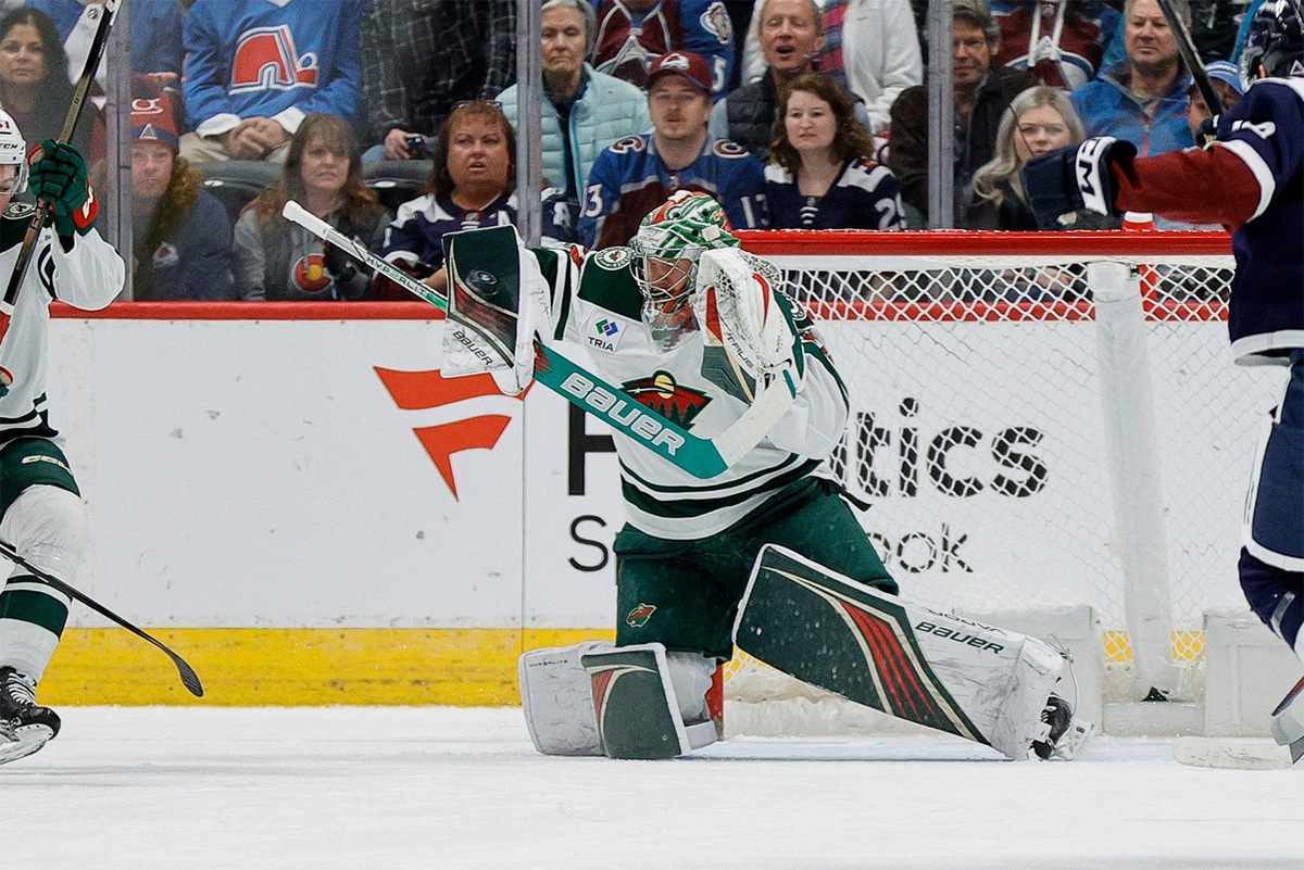 Minnesota Wild goaltender Filip Gustavsson (32) makes a save in the first period against the Colorado Avalanche at Ball Arena.