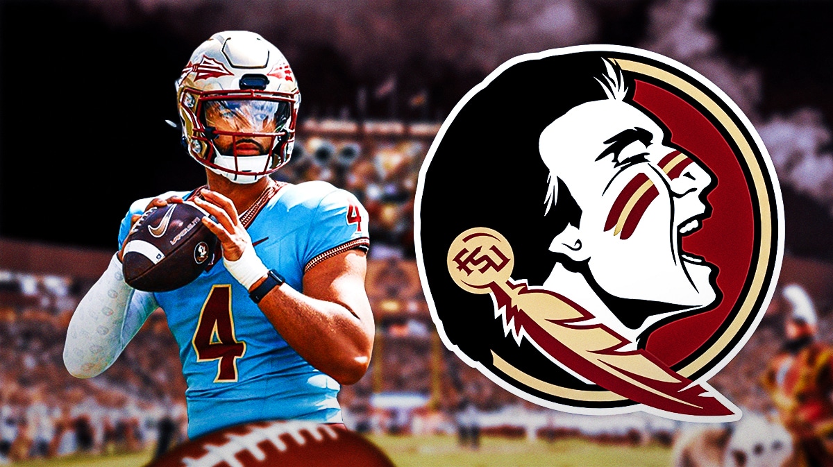 Florida State logo, next to quarterback DJ Uiagalelei.
