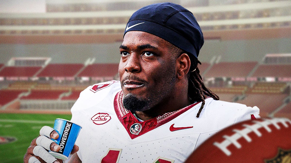 Florida State football, Seminoles, Joshua Perry, Joshua Perry Florida State, Florida State playoff, Joshua Farmer in Florida State uni with Florida State football stadium in the background