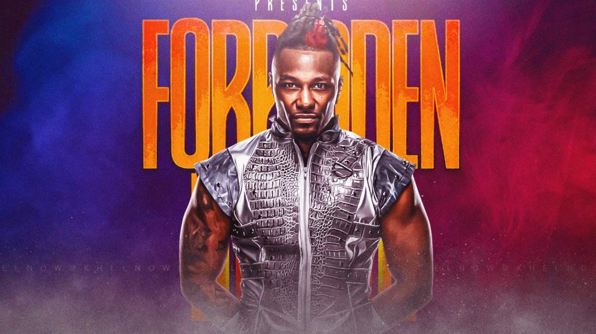 Swerve Strickland in front of the Forbidden Door logo