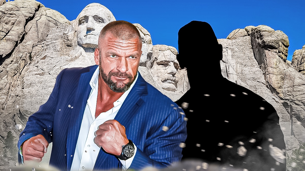 Triple H next to the blacked-out silhouette of John Cena in front of Mount Rushmore.