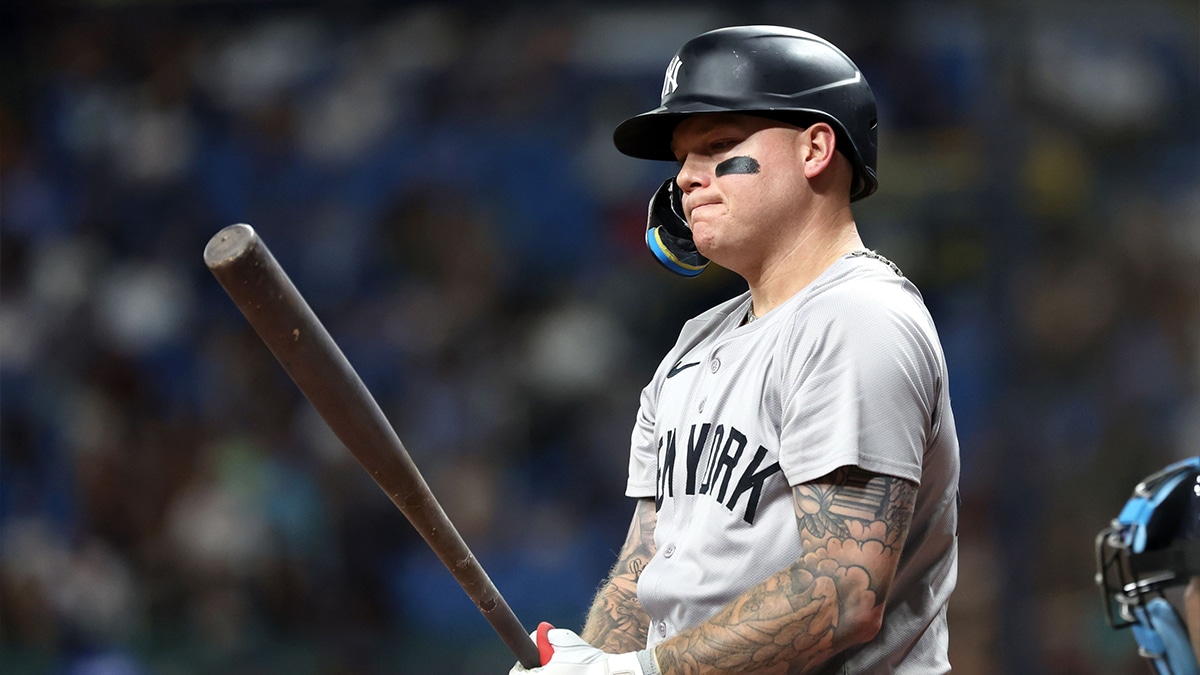 ;New York Yankees outfielder Alex Verdugo (24) reacts while at bat against the Tampa Bay Rays during the seventh inning at Tropicana Field. 