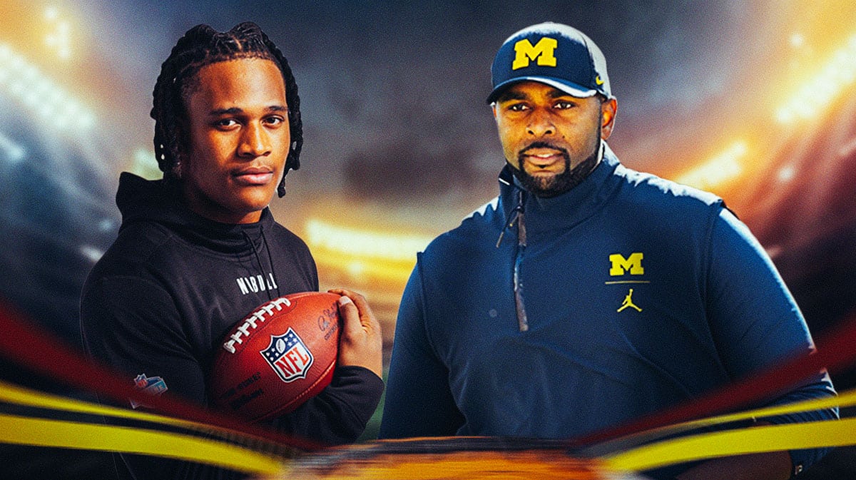 Michigan football, Wolverines, Sherrone Moore, Sherrone Moore Michigan, Junior Colson, Sherrone Moore and Junior Colson with Michigan football stadium in the background