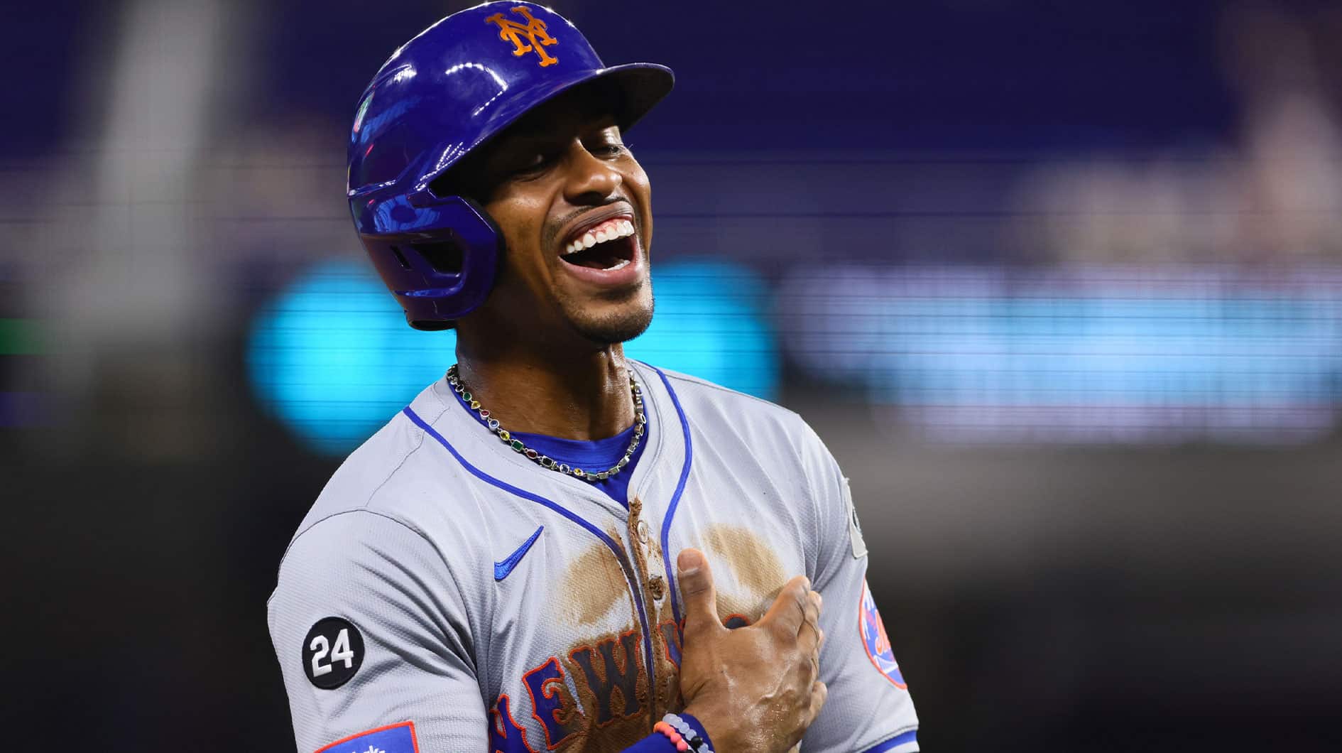 Jul 19, 2024; Miami, Florida, USA; New York Mets shortstop Francisco Lindor (12) reacts from third base against the Miami Marlins during the first inning at loanDepot Park. 