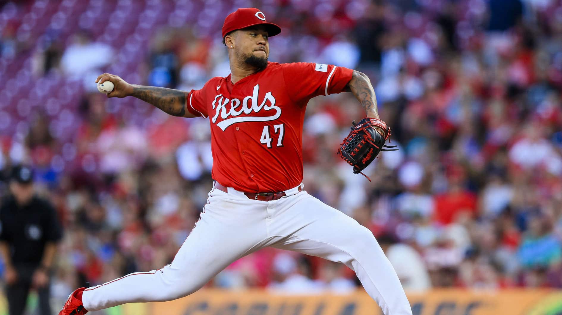 Jul 10, 2024; Cincinnati, Ohio, USA; Cincinnati Reds starting pitcher Frankie Montas (47) pitches against the Colorado Rockies in the fourth inning at Great American Ball Park. 