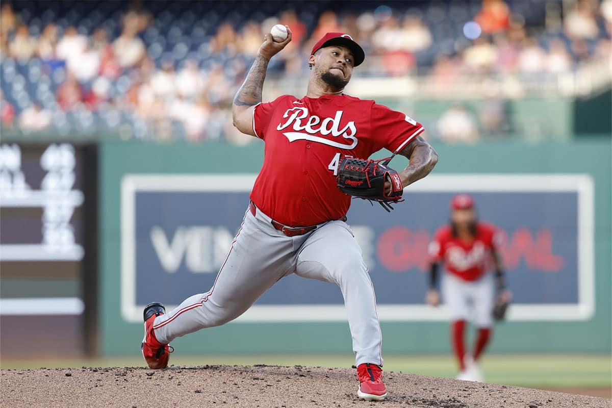 Cincinnati Reds starting pitcher Frankie Montas (47) pitches against the Washington Nationals during the first inning at Nationals Park. 