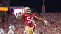 San Francisco 49ers linebacker Fred Warner (54) reacts after a play against the Detroit Lions during the second half of the NFC Championship football game at Levi's Stadium.