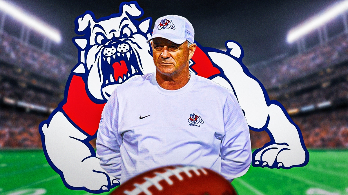 Jeff Tedford frowns next to Fresno State logo