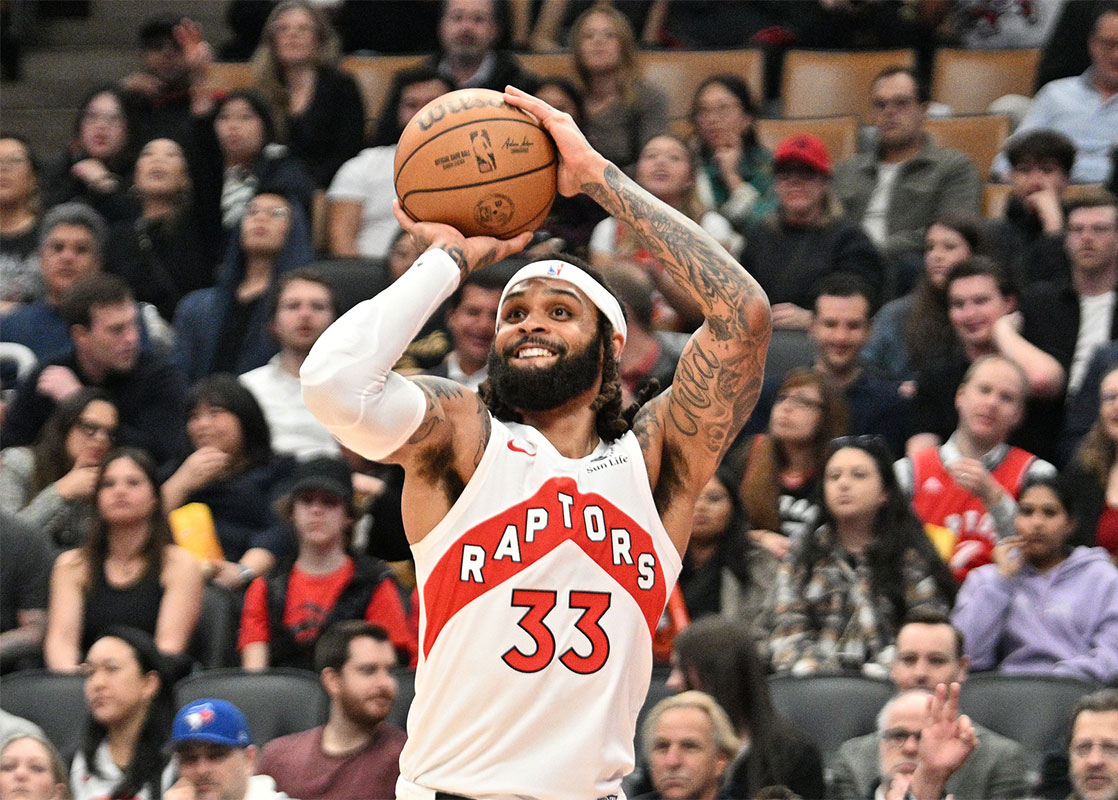 Toronto Raptors guard Gary Trent Jr. (33) shoots the ball against the Indiana Pacers in the first half at Scotiabank Arena.