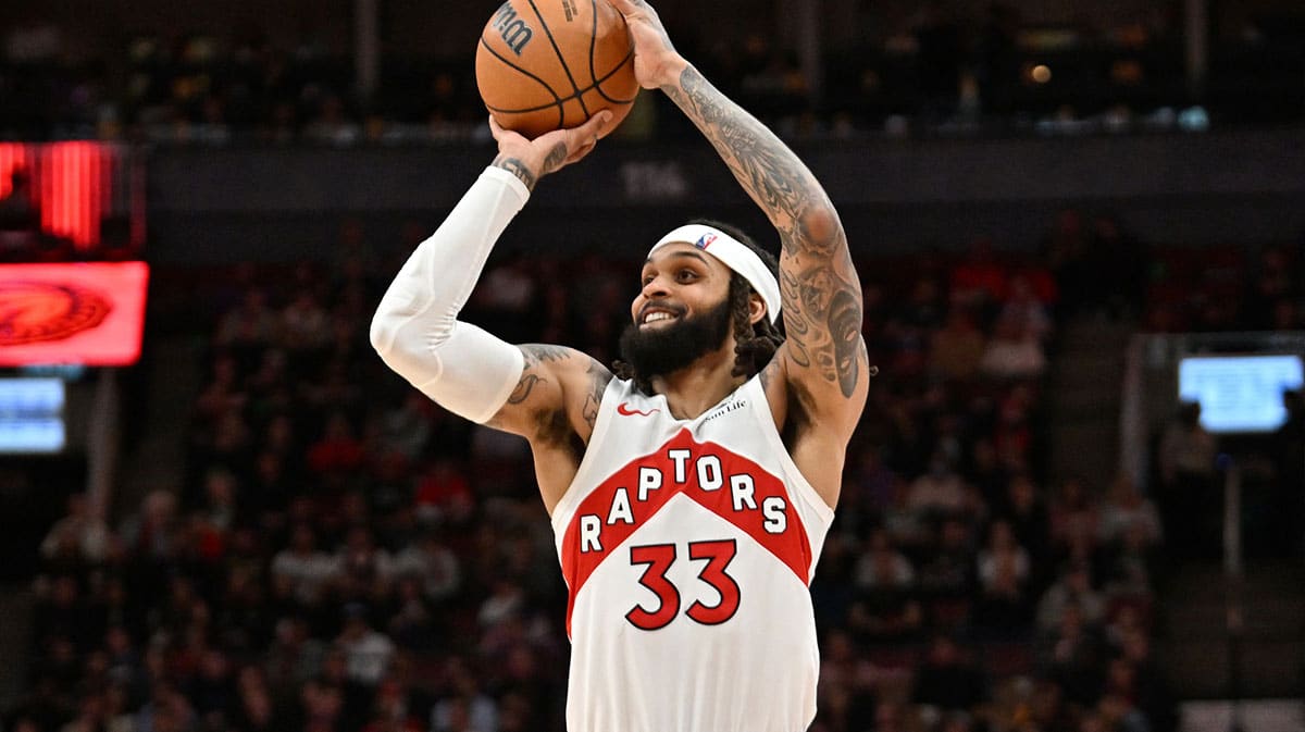Toronto Raptors guard Gary Trent Jr. (33) shoots the ball against the Brooklyn Nets in the second half at Scotiabank Arena.