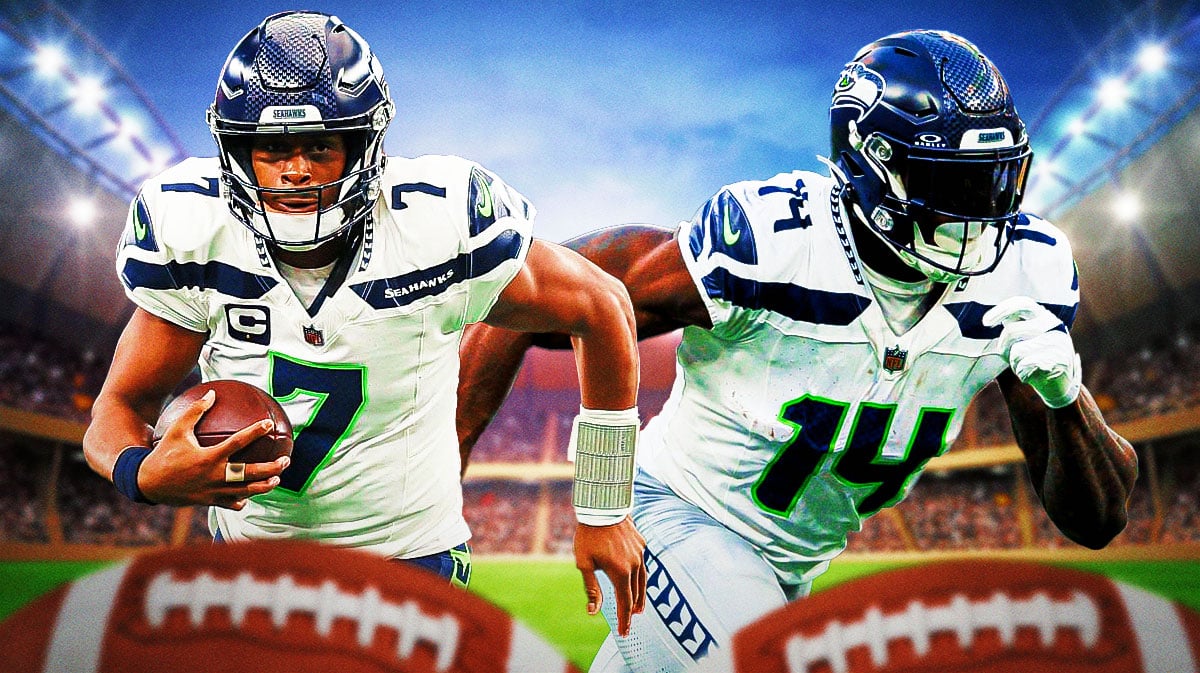 Seattle Seahawks stars Geno Smith and DK Metcalf in front of Lumen Field.