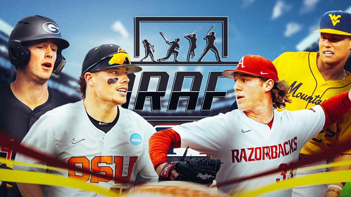 2024 MLB Draft logo in the middle. Georgia's Charlie Condon, Oregon State's Travis Bazzana, West Virginia's JJ Wetherholt, Arkansas' Hagen Smith