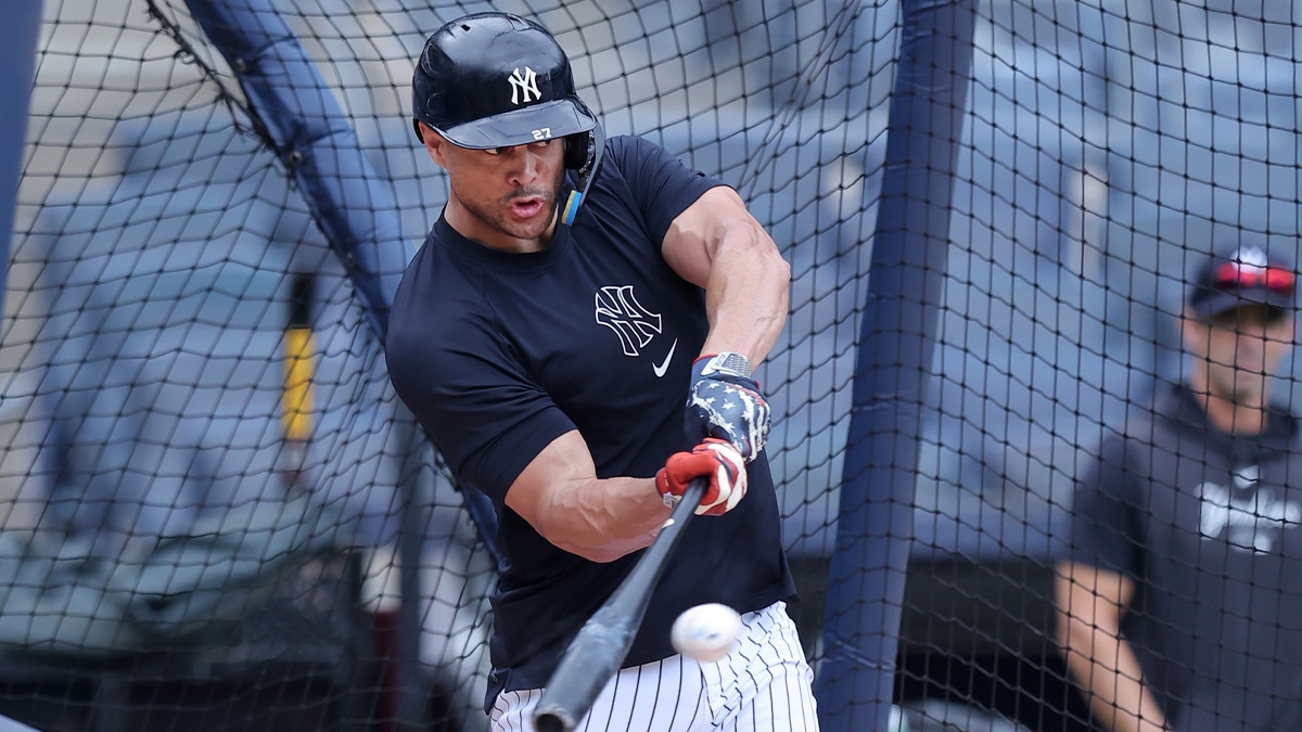 New York Yankees injured designated hitter Giancarlo Stanton (27) works out at Yankee Stadium before a game against the New York Mets. 