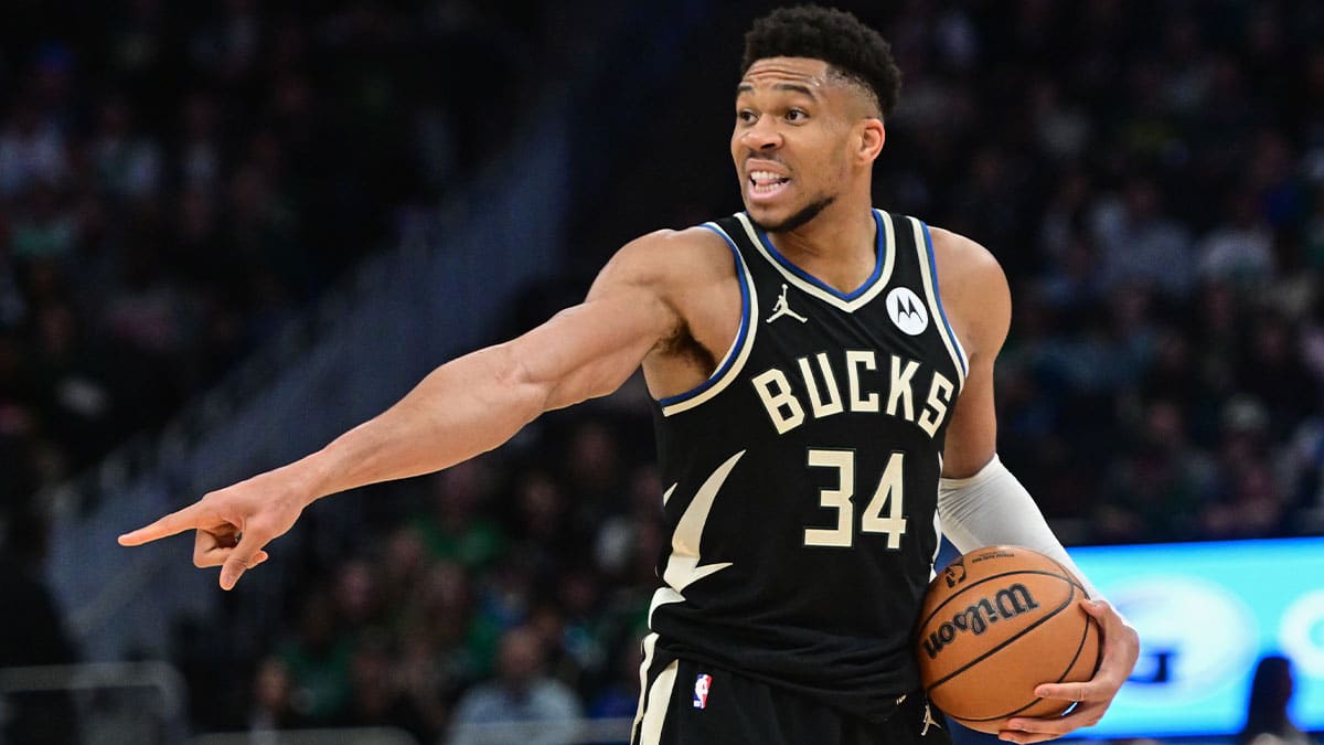 Milwaukee Bucks forward Giannis Antetokounmpo (34) calls a play in the second quarter against the Boston Celtics at Fiserv Forum. Mandatory Credit: Benny Sieu-USA TODAY Sports