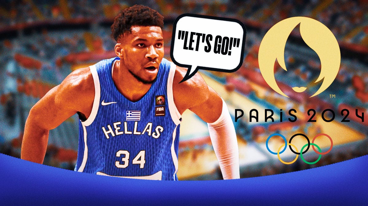 Giannis Antetokounmpo in a Greece basketball uniform with a speech bubble that says "Let's go!" The 2024 Summer Olympics logo on the other side