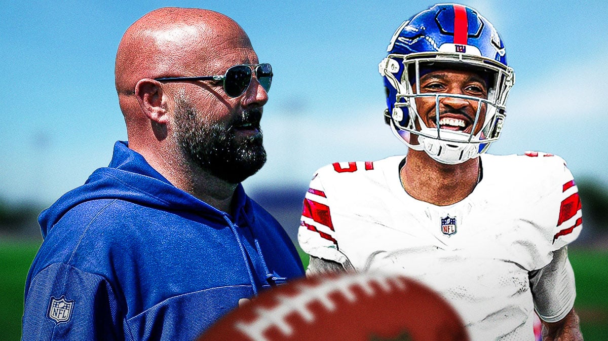Brian Daboll next to Jayden Daniels in a Giants jersey