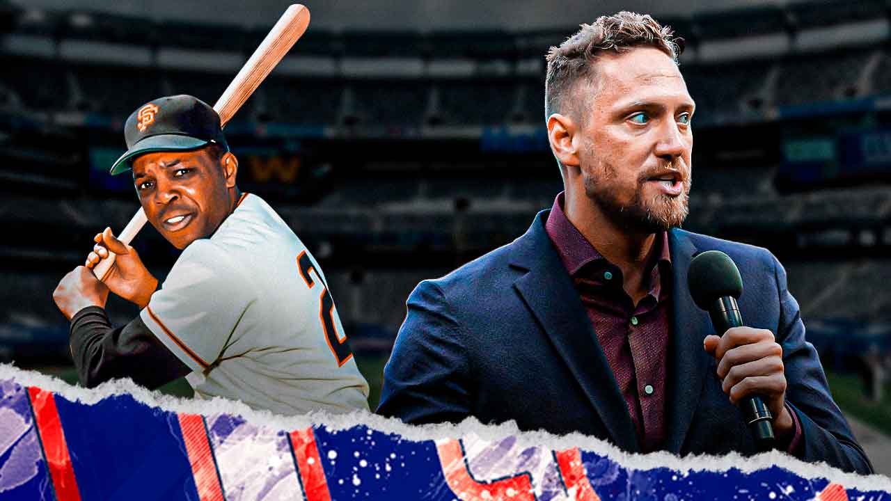 Giants Hunter Pence on left. Giants Willie Mays swinging a baseball bat on right.