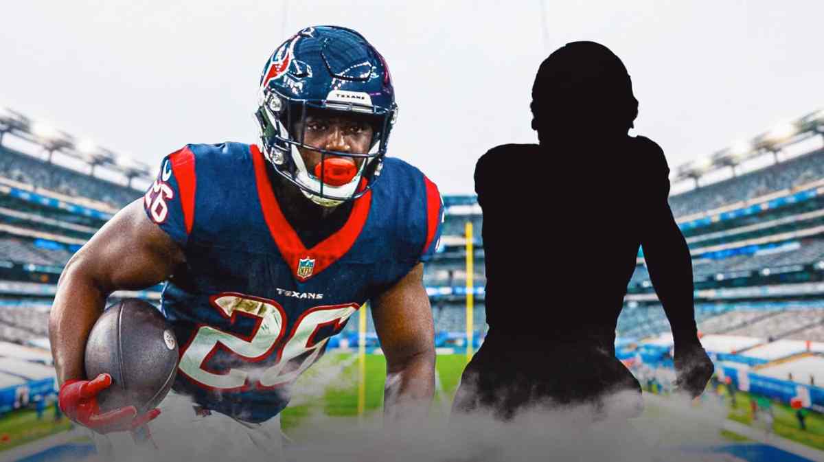 Devin Singletary next to the blacked-out silhouette of Saquon Barkley in front of the Giants stadium.