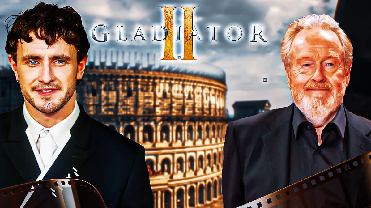 Paul Mescal and Ridley Scott with Colosseum background and Gladiator 2 logo.