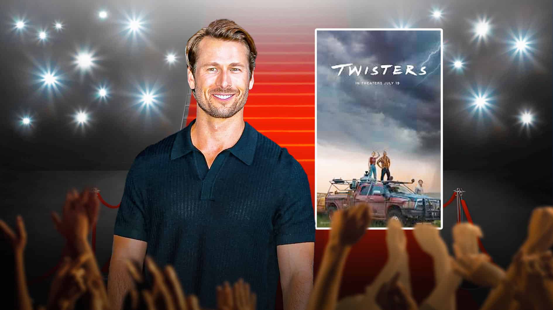Glen Powell next to Twisters poster and red carpet background.