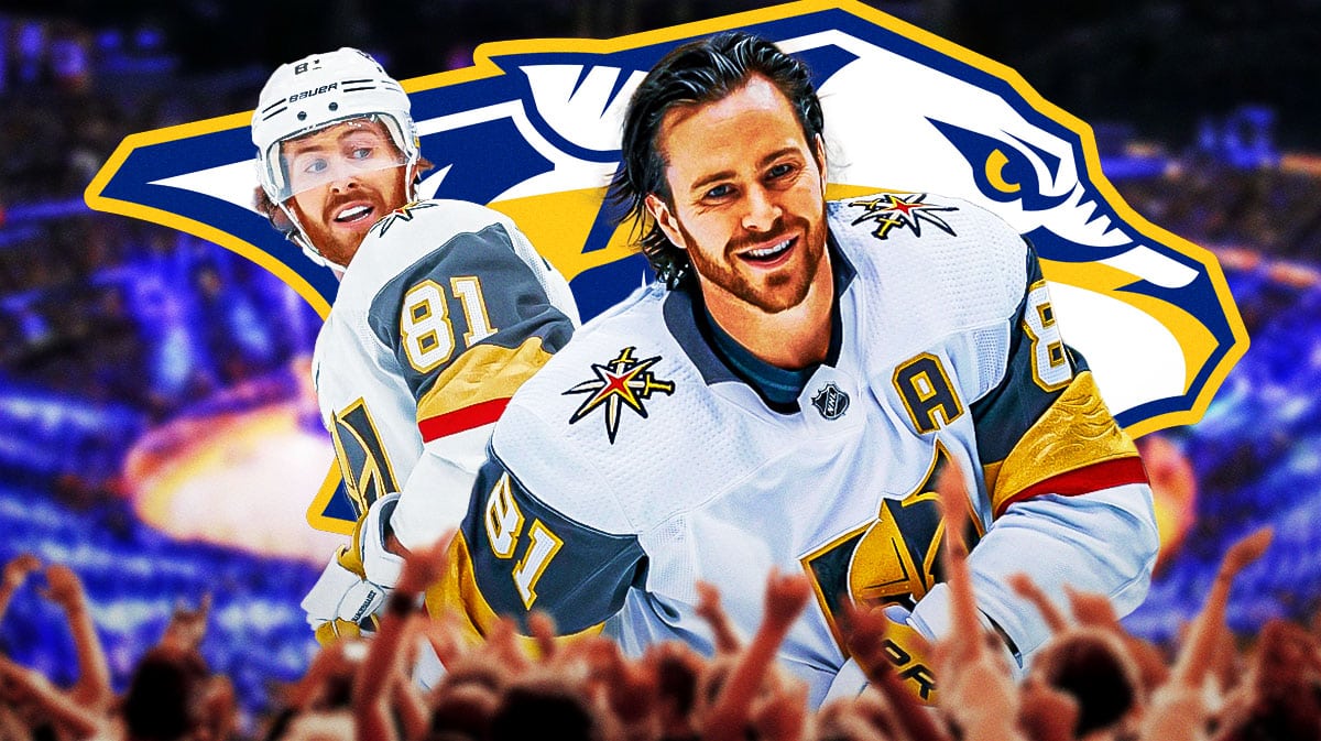 Jonathan Marchessault in middle of image looking happy, Nashville Predators logo, hockey rink in background