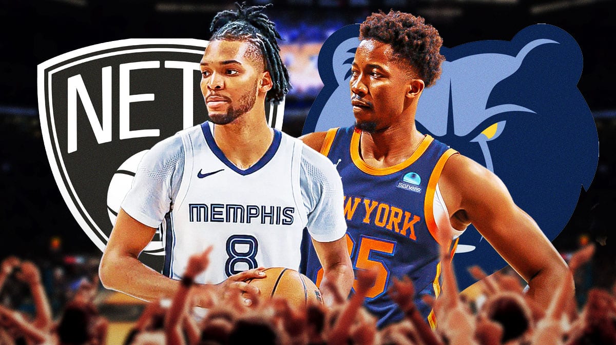 Ziaire Williams and Mamadi Diakite in image, Brooklyn Nets and Memphis Grizzlies logos, basketball court in background