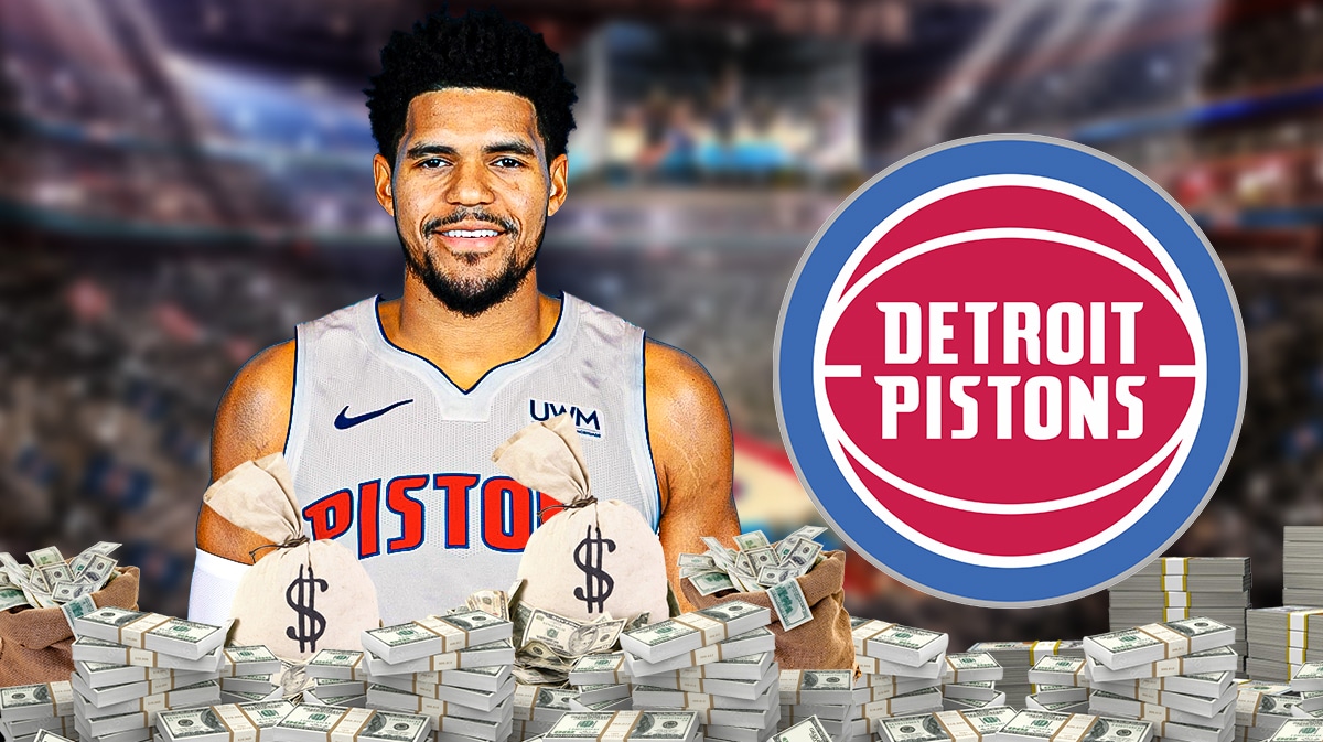Tobias Harris next to a Pistons logo and a ton of money