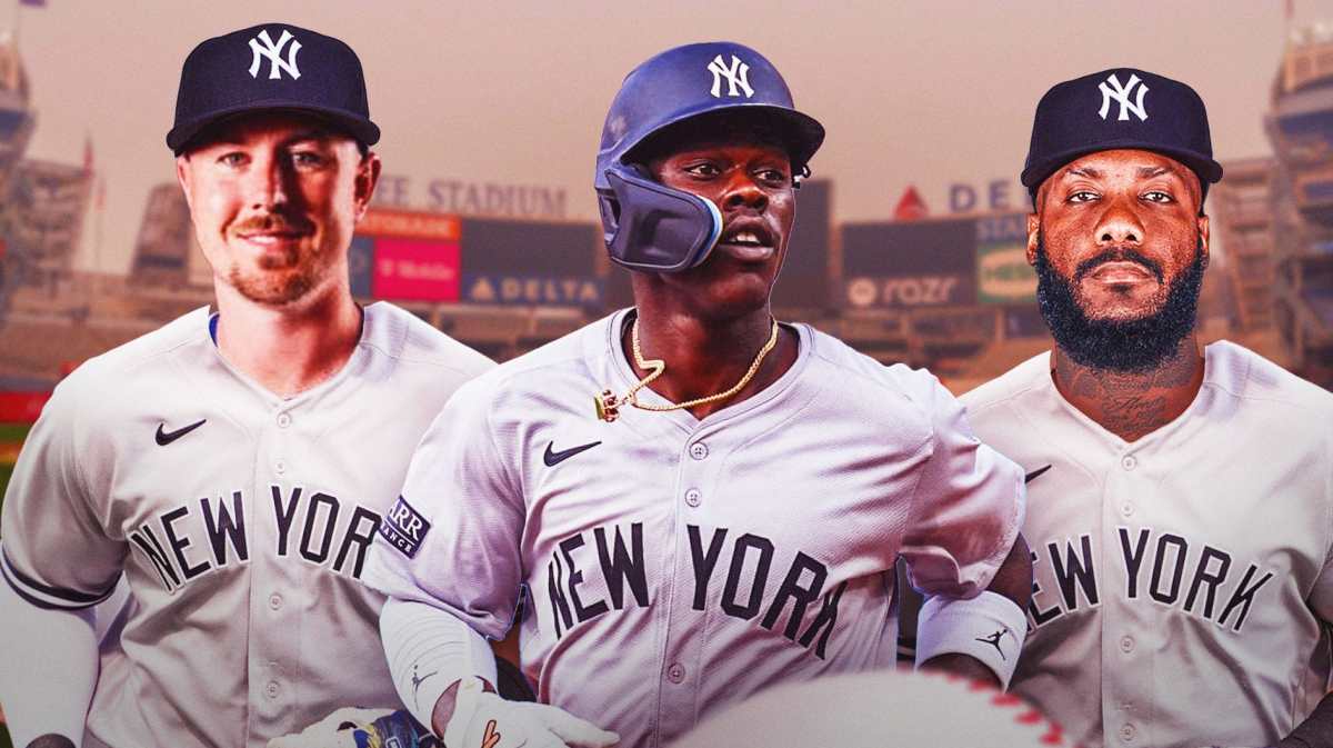 Yankees 3B Jazz Chisholm Jr. in center, Yankees RP Mark Leiter Jr. on left side, Yankees RP Enyel de los Santos on right side, Yankee Stadium (home stadium of the New York Yankees) in background