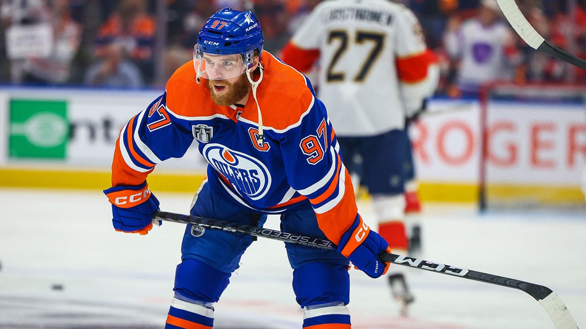 Edmonton Oilers center Connor McDavid (97) during the warmup period against the Florida Panthers in game six of the 2024 Stanley Cup Final at Rogers Place.