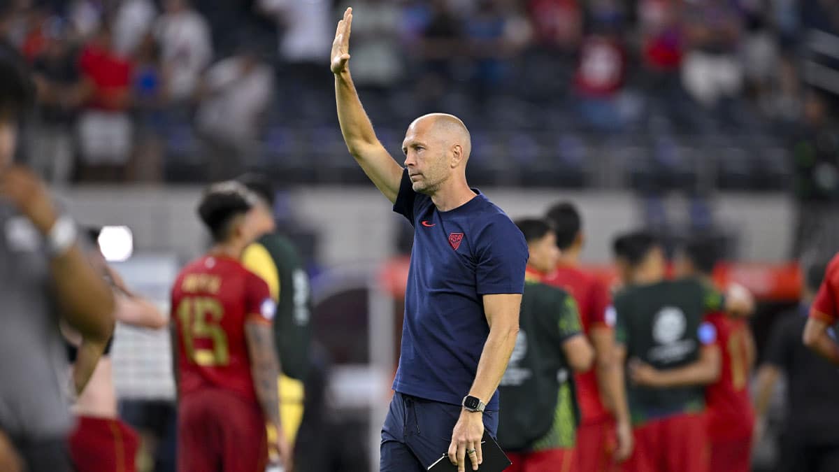 United States head coach Gregg Berhalter acknowledges the fans after USA shuts out Bolivia 2-0 in a 2024 Copa America match at AT&T Stadium. 