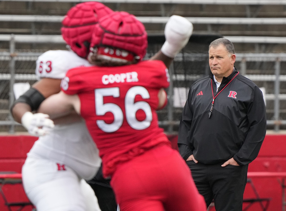 Coach Greg Schiano during Rutgers annual spring football game at SHI Stadium.