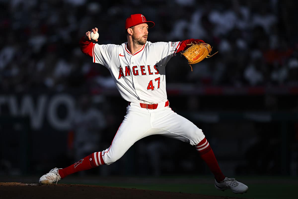 Los Angeles Angels pitcher Griffin Canning (47) throws a pitch against the Detroit Tigers during the first inning at Angel Stadium.