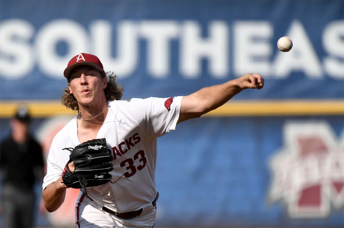 Arkansas starting pitcher Hagen Smith pitches against LSU during the SEC Tournament elimination game Thursday, May 25, 2023, at the Hoover Met.