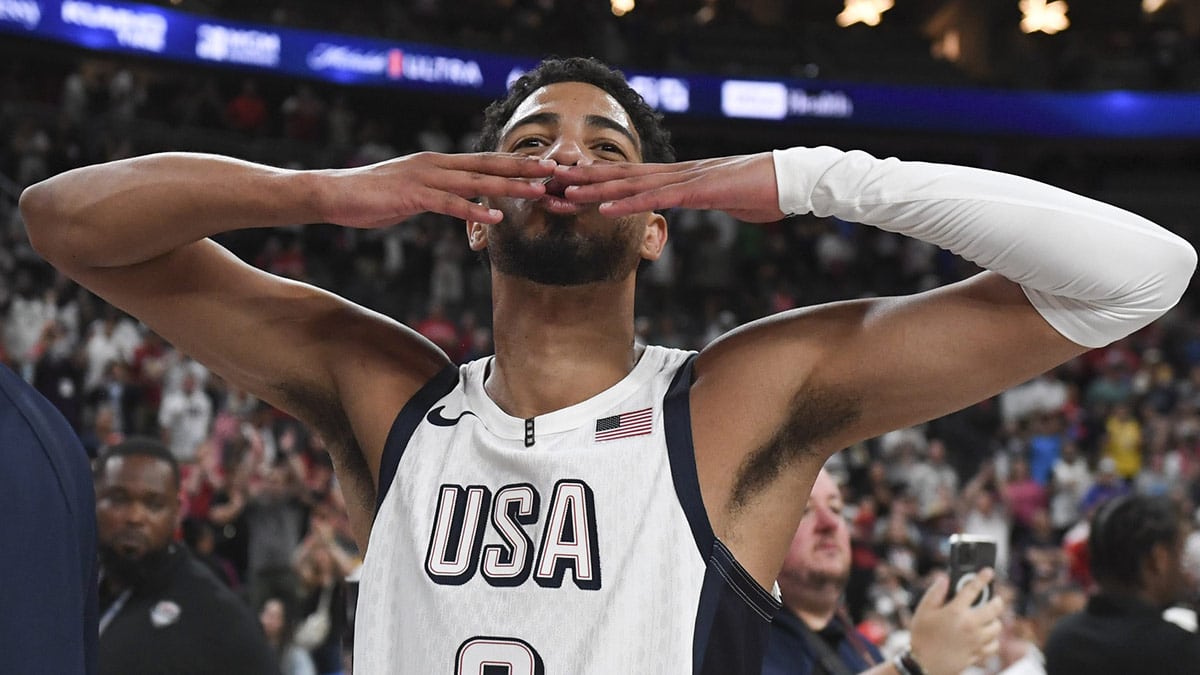 USA guard Tyrese Haliburton (9) gestures to the fans after defeating Canada in the USA Basketball Showcase at T-Mobile Arena.