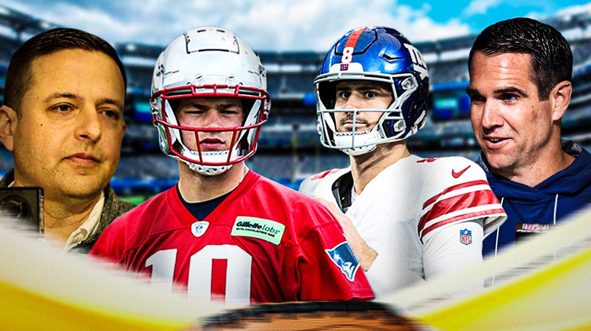 Joe Schoen, Daniel Jones in a Giants uniform.. Eliot Wolf, Drake Maye in a Patriots uniform