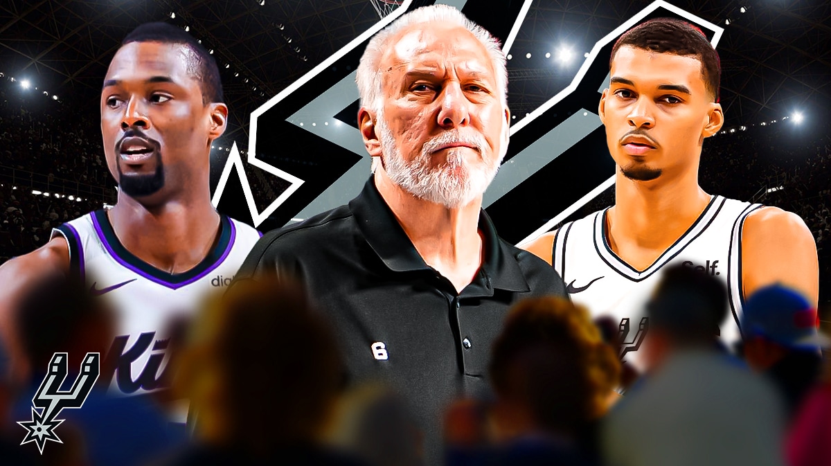 Harrison Barnes image, Victor Wemanayama image, Gregg Popovich image, San Antonio Spurs logo