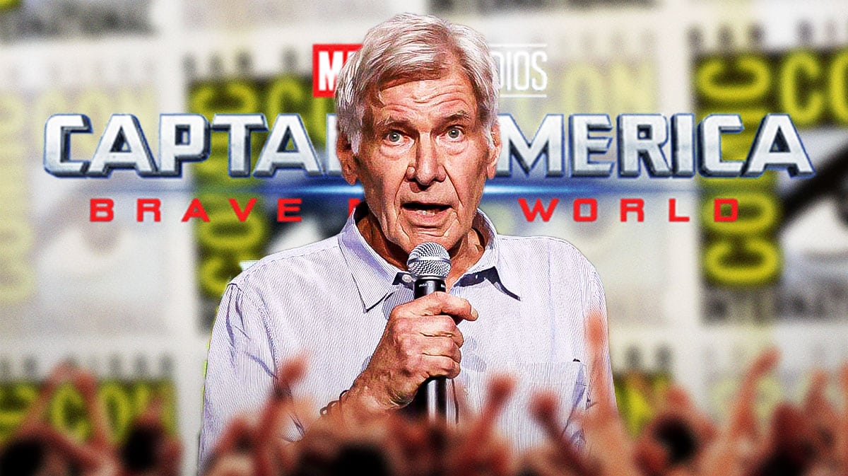Harrison Ford with Marvel Cinematic Universe (MCU) movie Captain America: Brave New World logo.