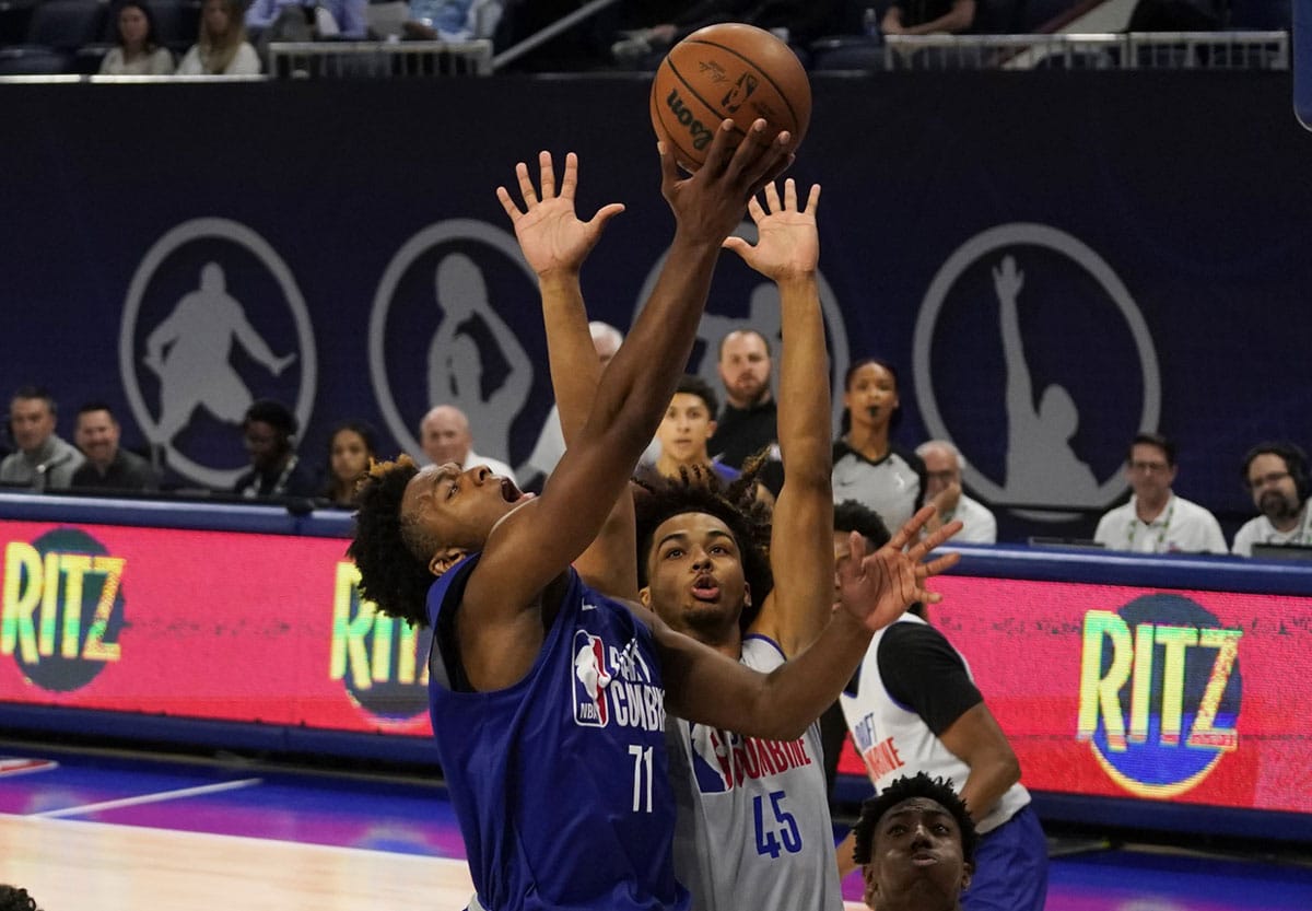 Harrison Ingram (71) and Trenton Flowers (45) participate during the 2024 NBA Draft Combine at Wintrust Arena.