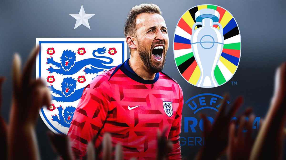 Harry Kane celebrating in front of the England team and Euro 2024 logos